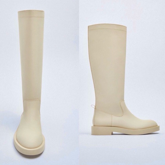 Zara NWT cream nude rubberized knee high round toe low lug sole boots - size 39 - Picture 9 of 9